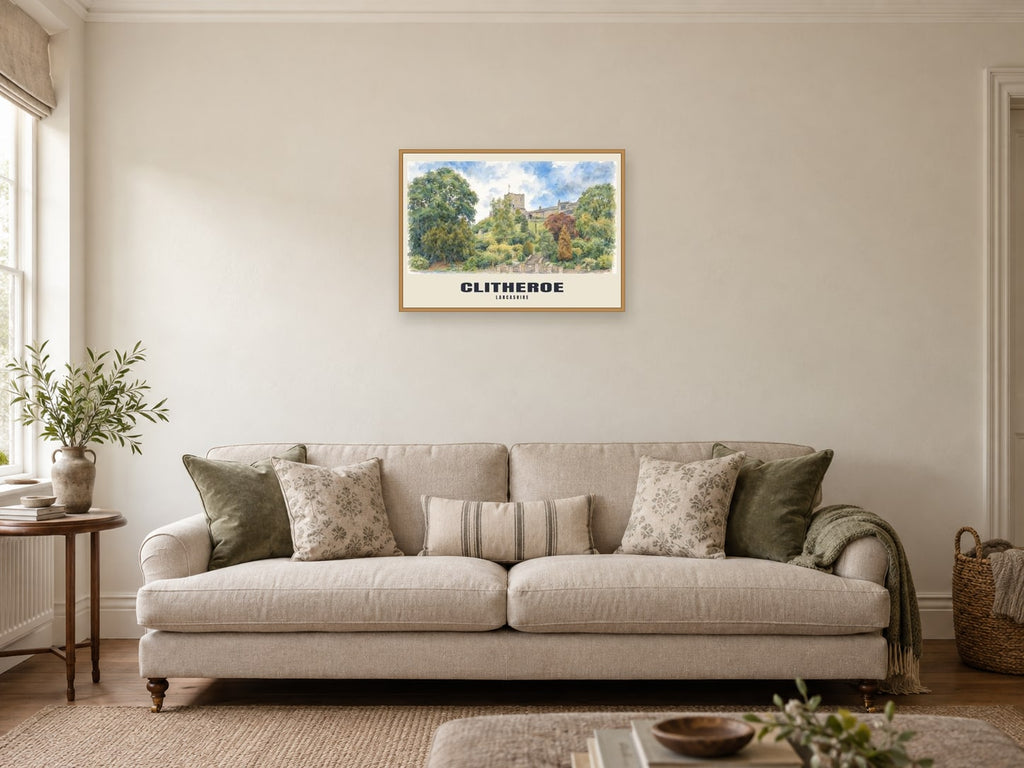 Clitheroe — English Watercolour Art Print at A2, in a natural wood frame, in a sitting room