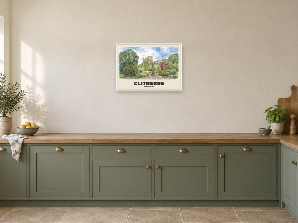 Clitheroe — English Watercolour Art Print at A2, in a white frame, in a kitchen