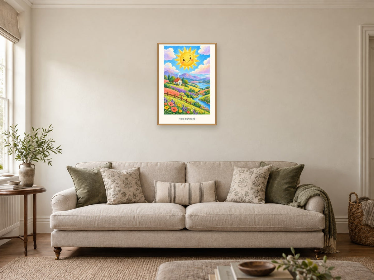 Hello Sunshine — Weather Wonders Children’s Art Print at A2, in a natural wood frame, in a sitting room