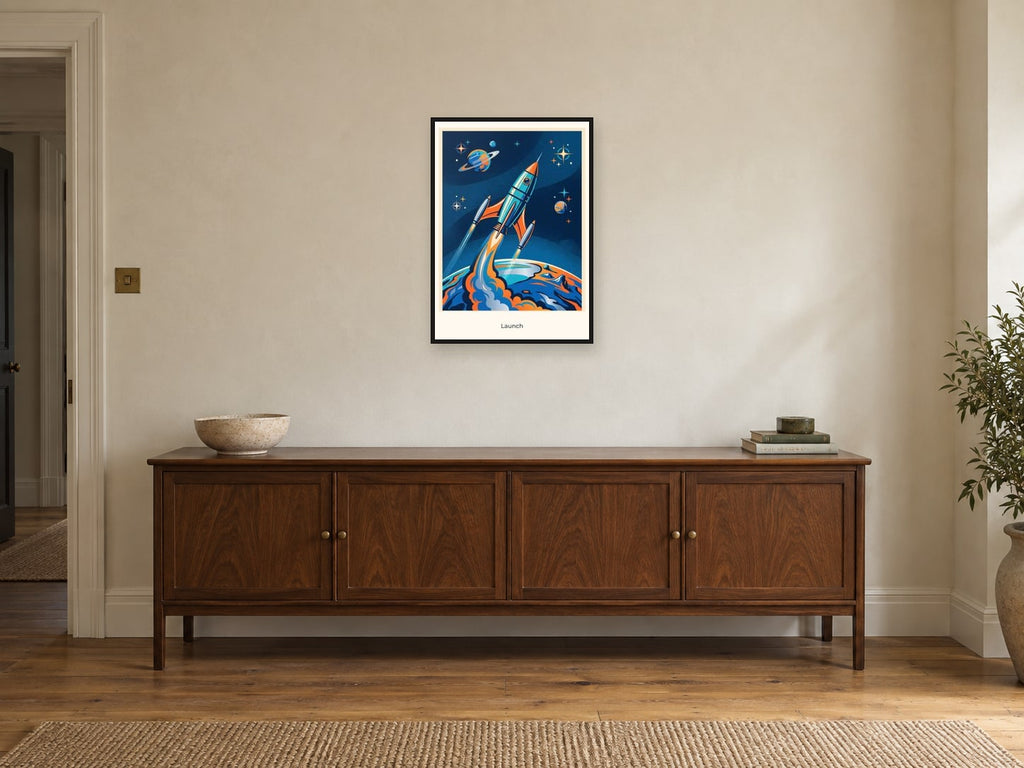 Launch — Cosmic Explorers Children’s Art Print at A2, in a black frame, above a sideboard