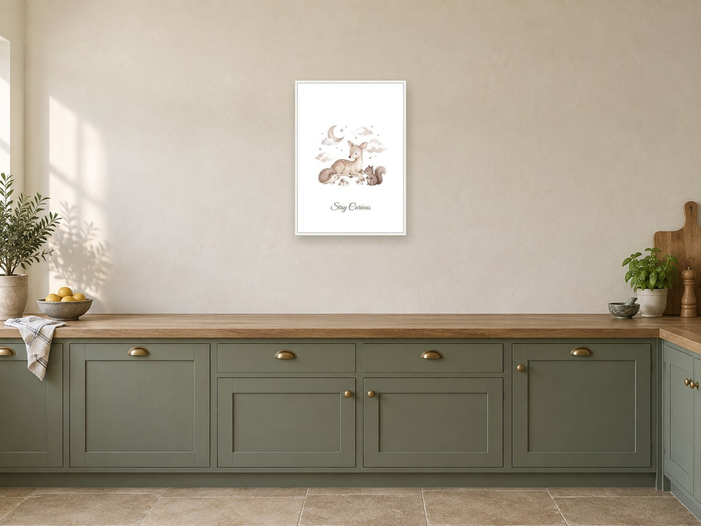 Stay Curious — Woodland Moonlight Nursery Print at A2, in a white frame, in a kitchen