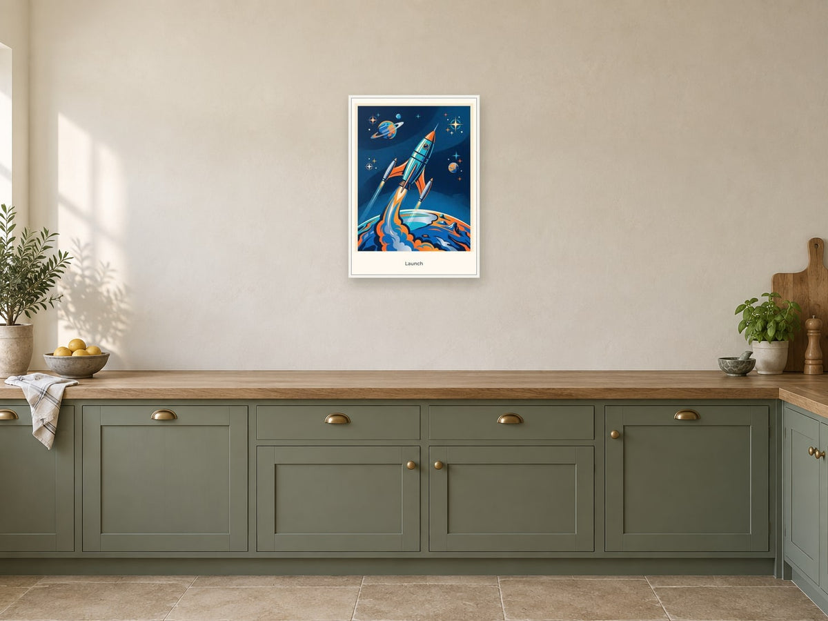 Launch — Cosmic Explorers Children’s Art Print at A2, in a white frame, in a kitchen