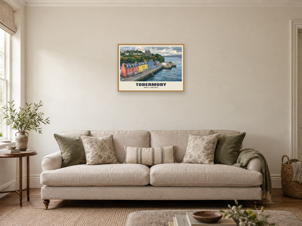 Tobermory — Gouache Art Print at A2, in a natural wood frame, in a sitting room