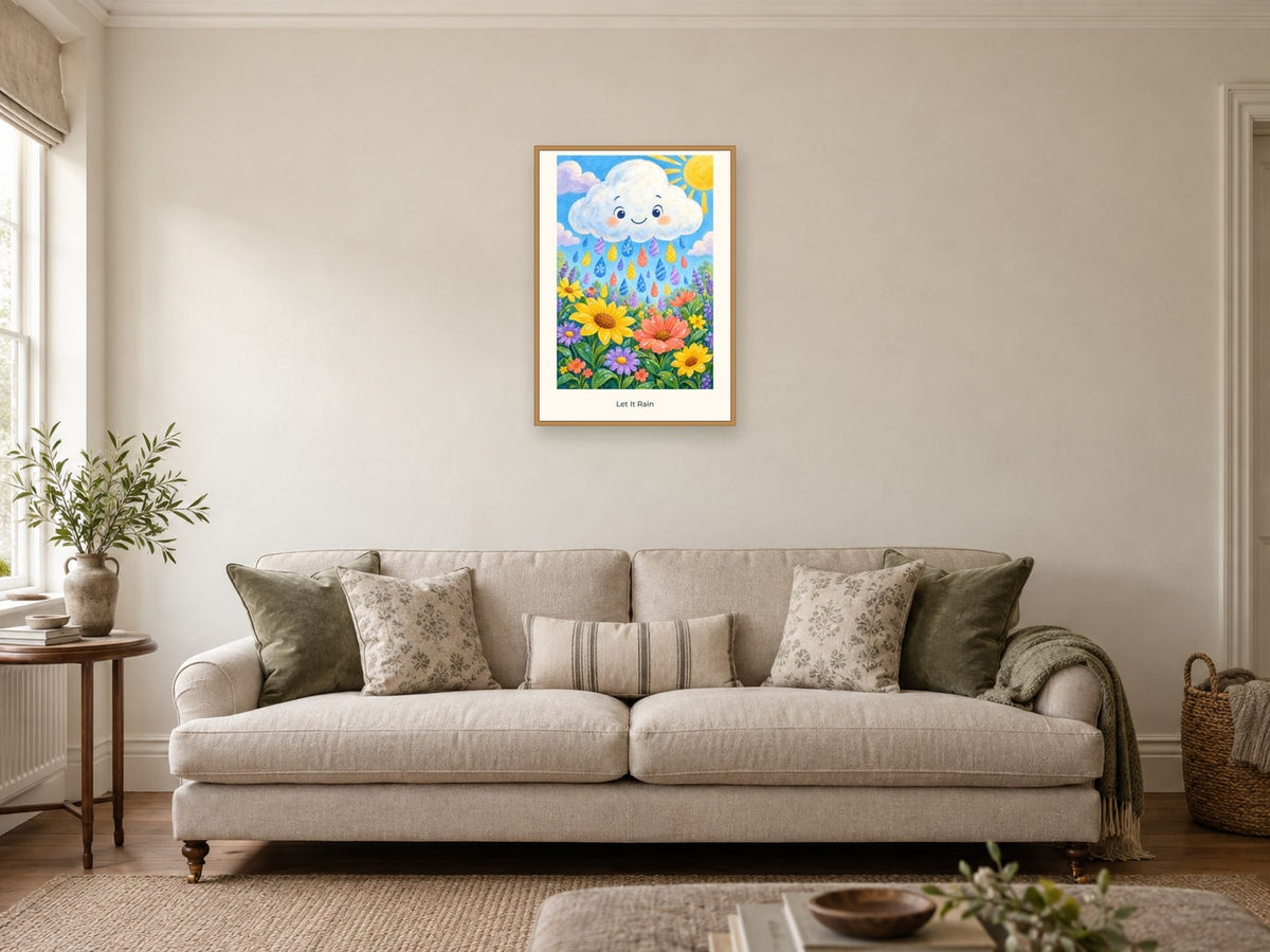 Let It Rain — Weather Wonders Children’s Art Print at A2, in a natural wood frame, in a sitting room
