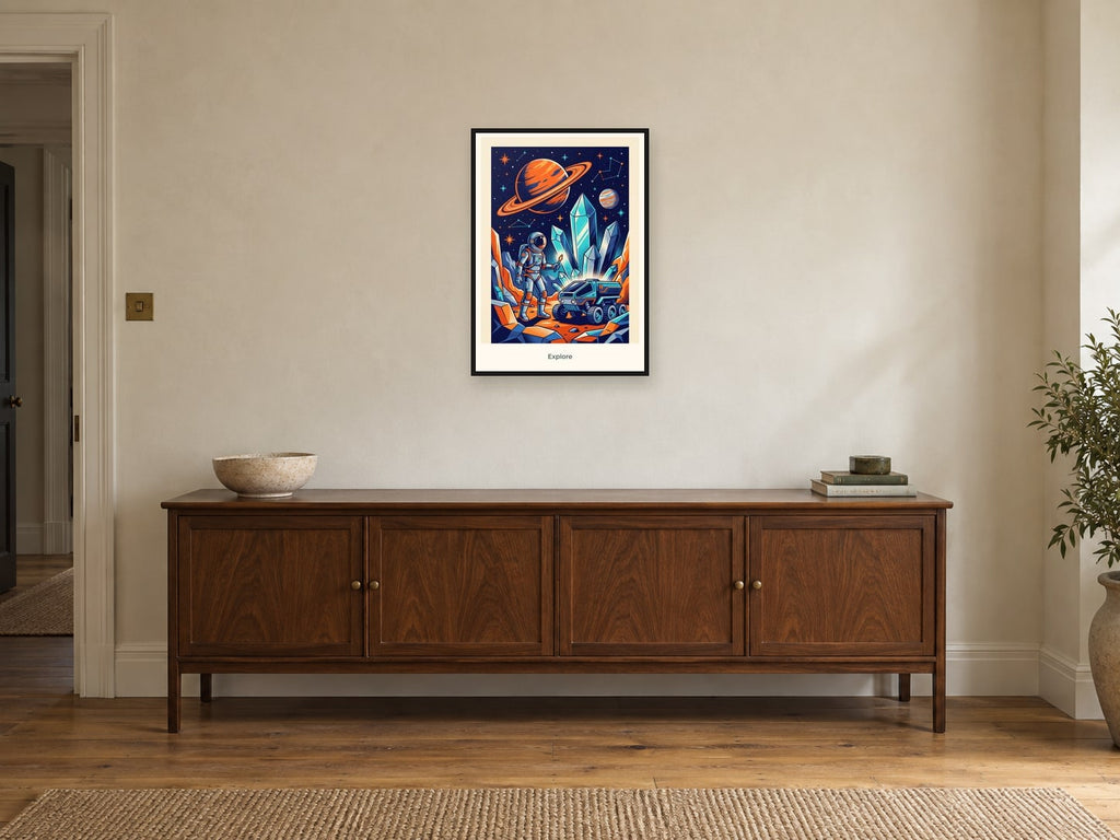 Explore — Cosmic Explorers Children’s Art Print at A2, in a black frame, above a sideboard
