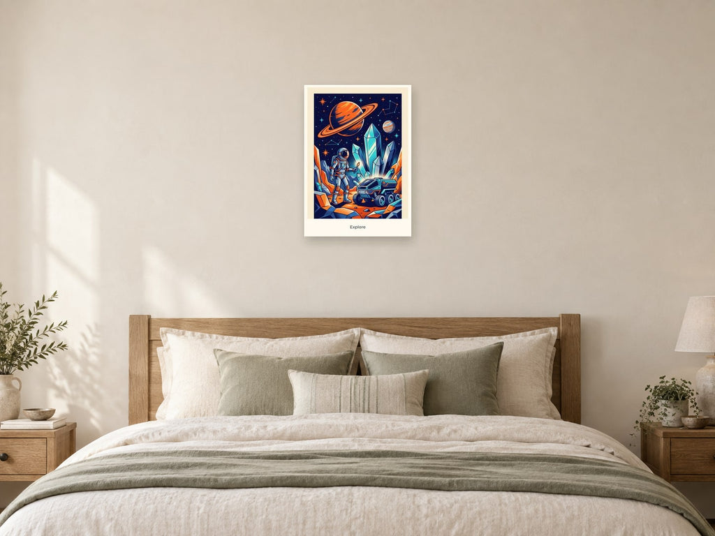 Explore — Cosmic Explorers Children’s Art Print at A2, as a poster, above a bed
