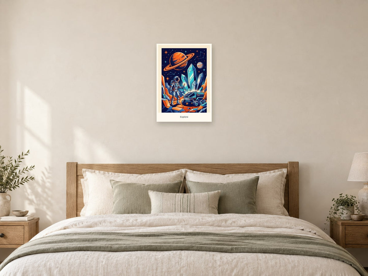 Explore — Cosmic Explorers Children’s Art Print at A2, as a poster, above a bed