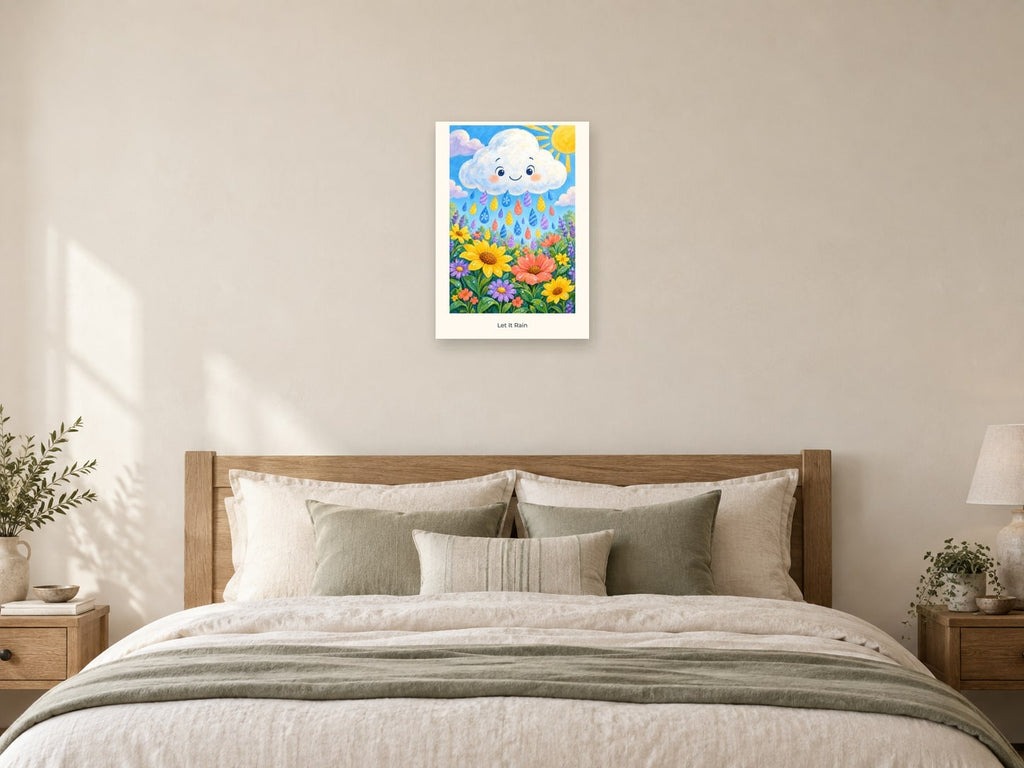Let It Rain — Weather Wonders Children’s Art Print at A2, as a poster, above a bed