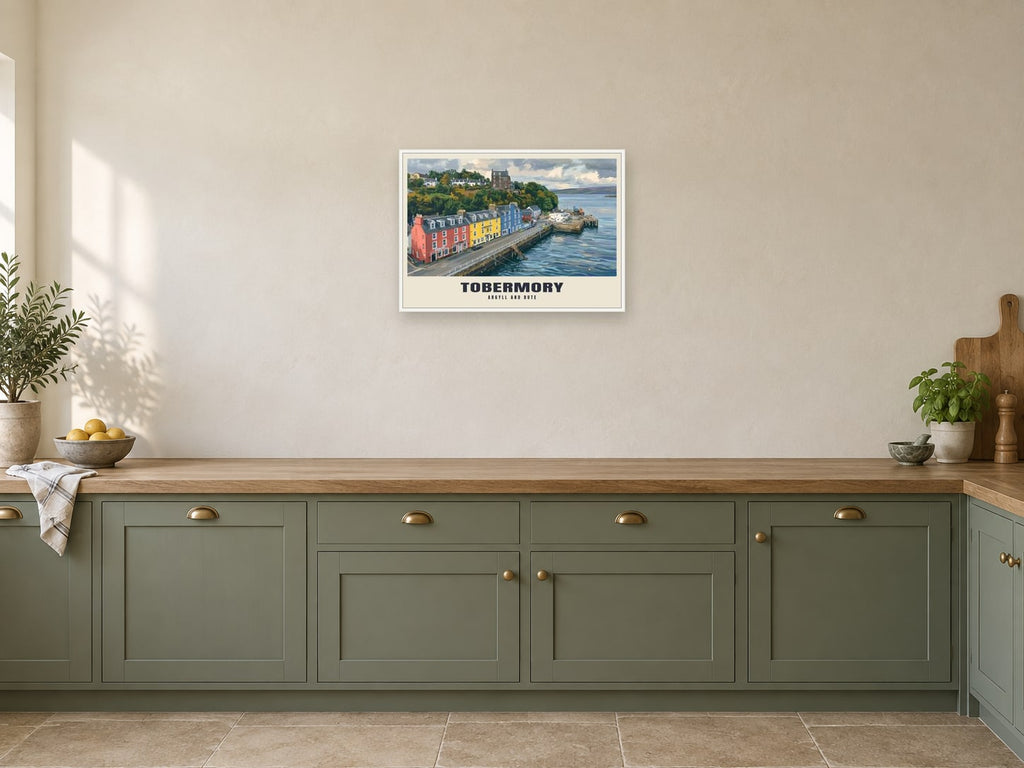 Tobermory — Gouache Art Print at A2, in a white frame, in a kitchen