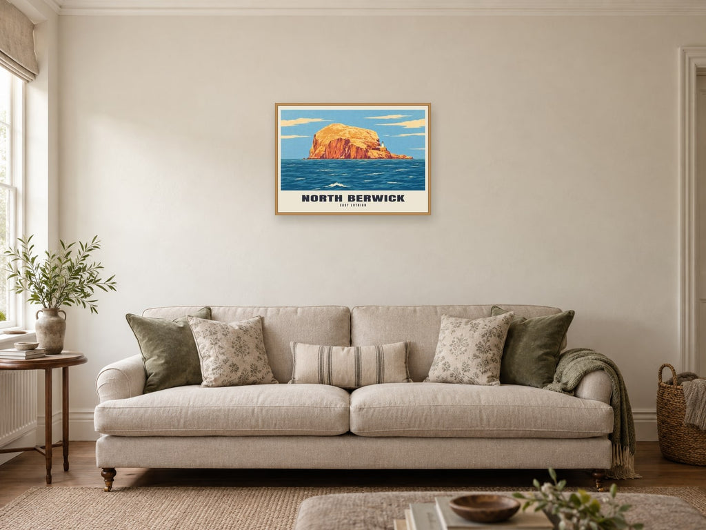 North Berwick — Retro Railway Art Print at A2, in a natural wood frame, in a sitting room