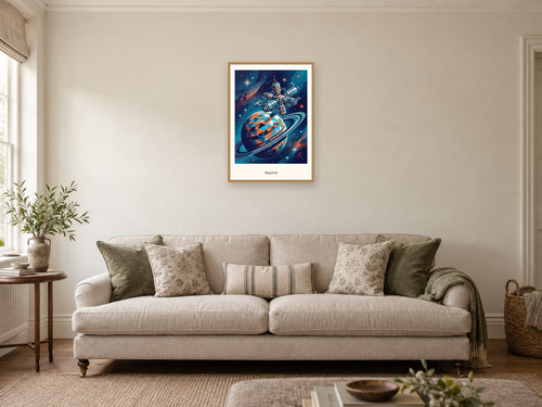 Beyond — Cosmic Explorers Children’s Art Print at A2, in a natural wood frame, in a sitting room