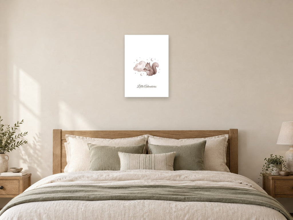 Little Adventures — Woodland Moonlight Nursery Print at A2, as a poster, above a bed