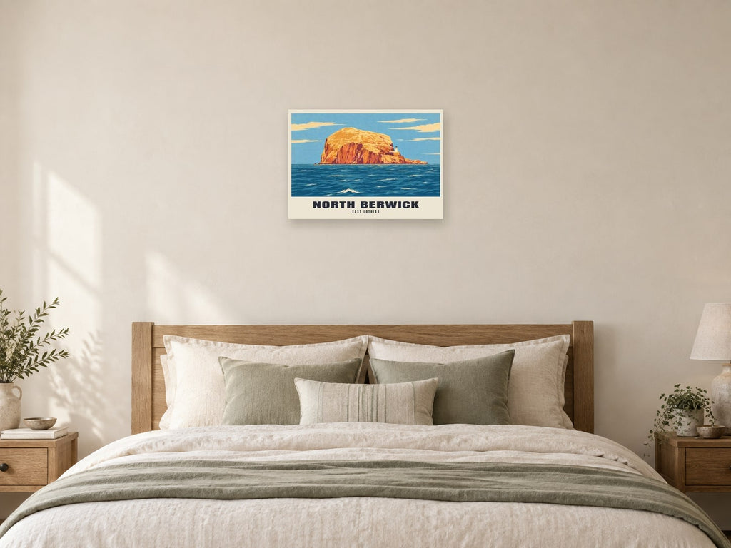 North Berwick — Retro Railway Art Print at A2, as a poster, above a bed