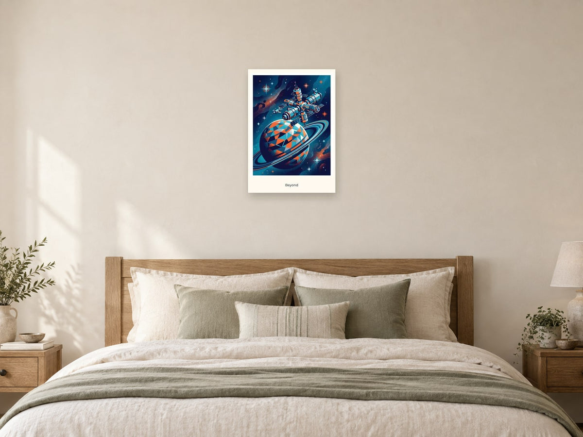 Beyond — Cosmic Explorers Children’s Art Print at A2, as a poster, above a bed