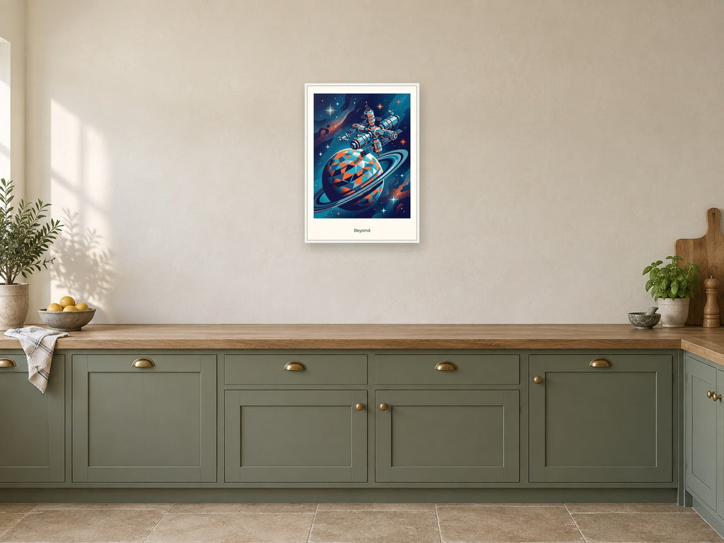 Beyond — Cosmic Explorers Children’s Art Print at A2, in a white frame, in a kitchen
