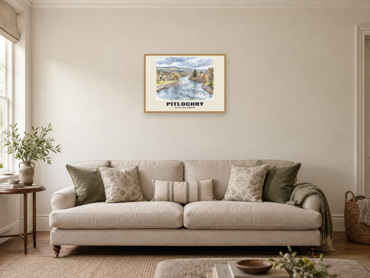 Pitlochry — English Watercolour Art Print at A2, in a natural wood frame, in a sitting room