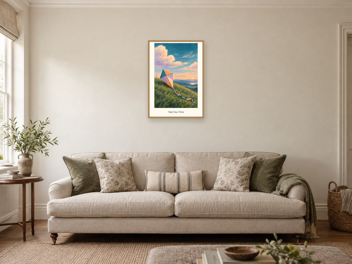 Take Your Time — Quiet Confidence Children’s Art Print at A2, in a natural wood frame, in a sitting room