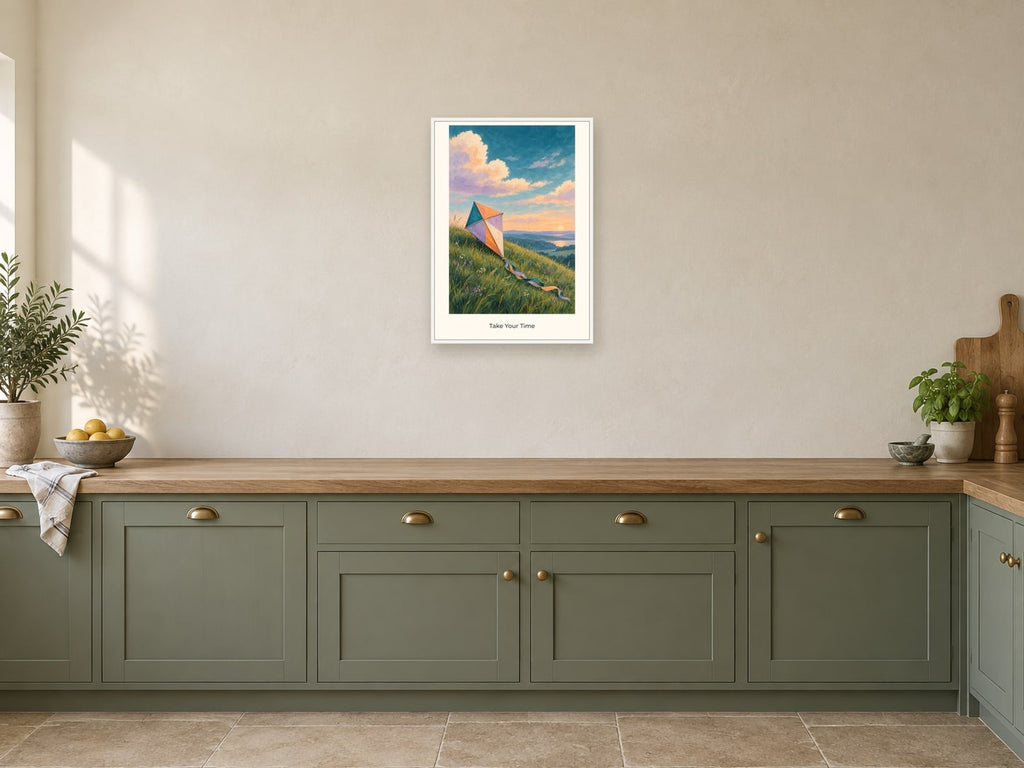 Take Your Time — Quiet Confidence Children’s Art Print at A2, in a white frame, in a kitchen