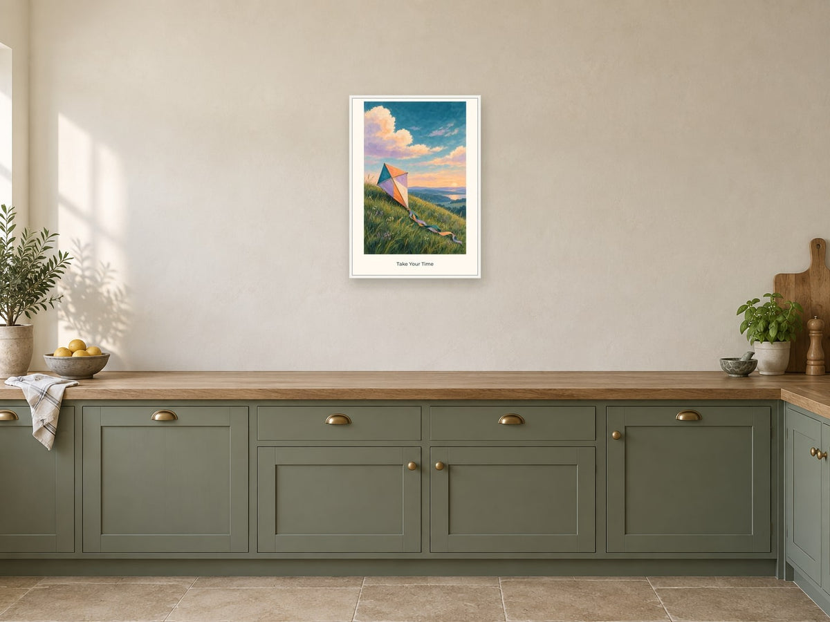 Take Your Time — Quiet Confidence Children’s Art Print at A2, in a white frame, in a kitchen