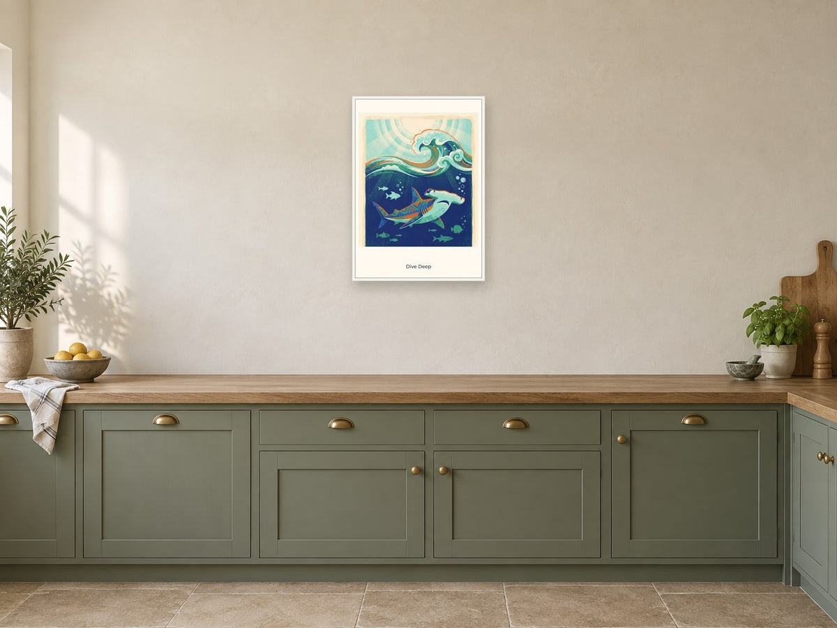 Dive Deep — Deep Blue Discovery Children’s Art Print at A2, in a white frame, in a kitchen