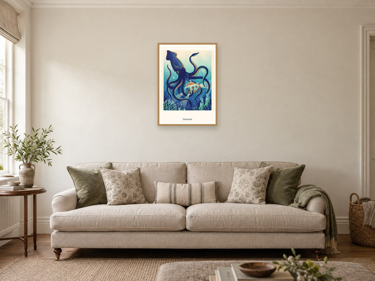 Discover — Deep Blue Discovery Children’s Art Print at A2, in a natural wood frame, in a sitting room