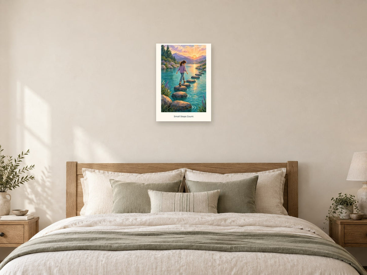 Small Steps Count — Quiet Confidence Children’s Art Print at A2, as a poster, above a bed