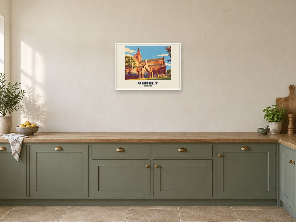 Orkney — Retro Railway Art Print at A2, in a white frame, in a kitchen