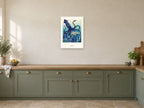 Discover — Deep Blue Discovery Children’s Art Print at A2, in a white frame, in a kitchen