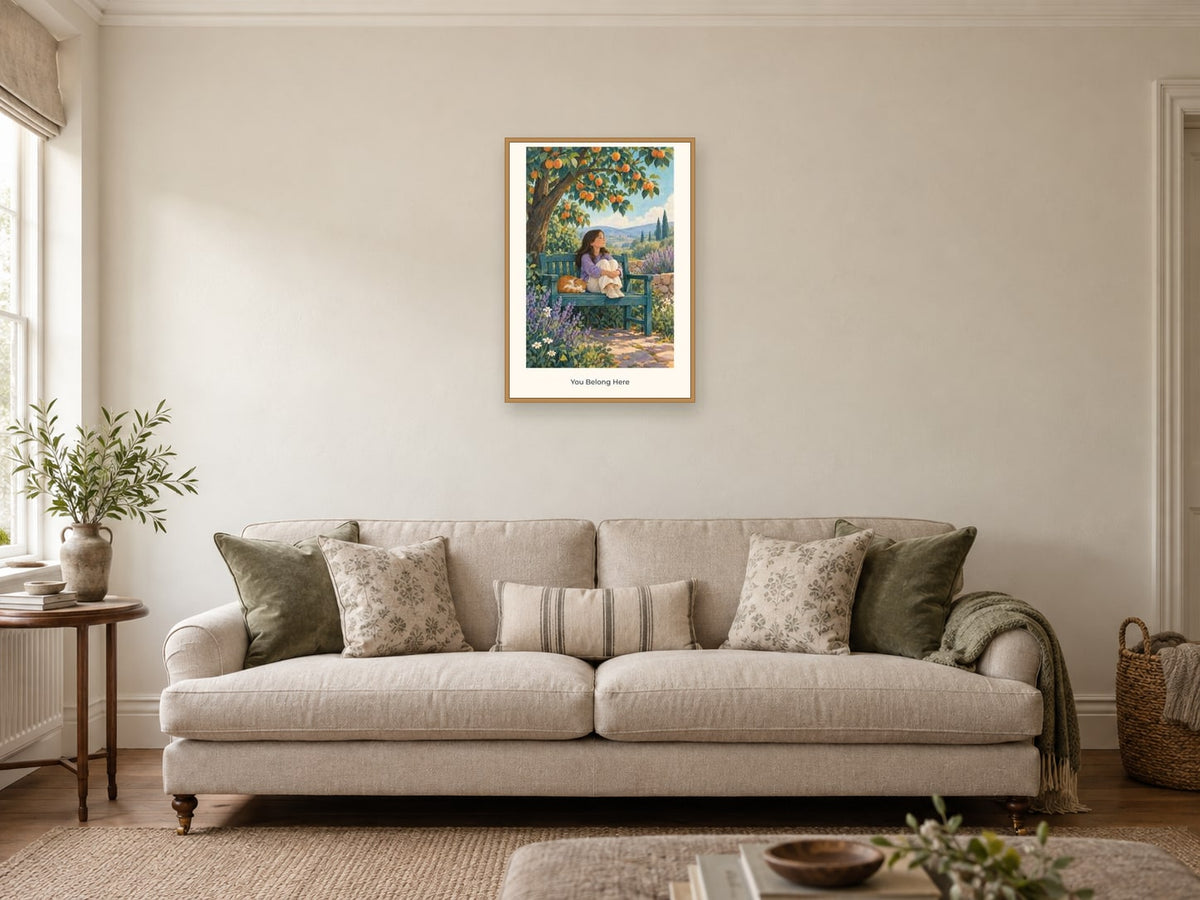 You Belong Here — Quiet Confidence Children’s Art Print at A2, in a natural wood frame, in a sitting room