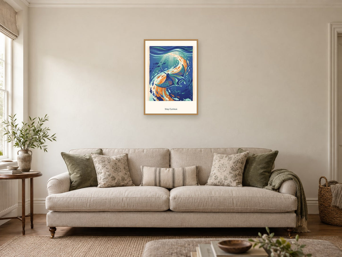 Stay Curious — Deep Blue Discovery Children’s Art Print at A2, in a natural wood frame, in a sitting room