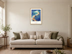 Stay Curious — Deep Blue Discovery Children’s Art Print at A2, in a natural wood frame, in a sitting room