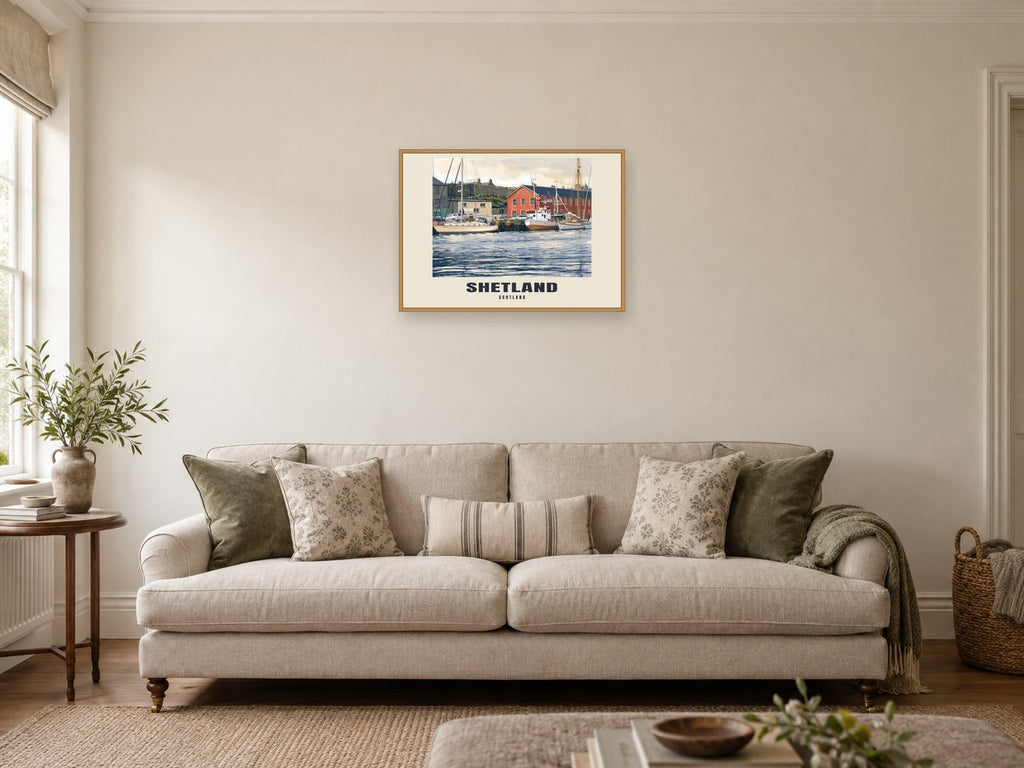 Shetland — Gouache Art Print at A2, in a natural wood frame, in a sitting room