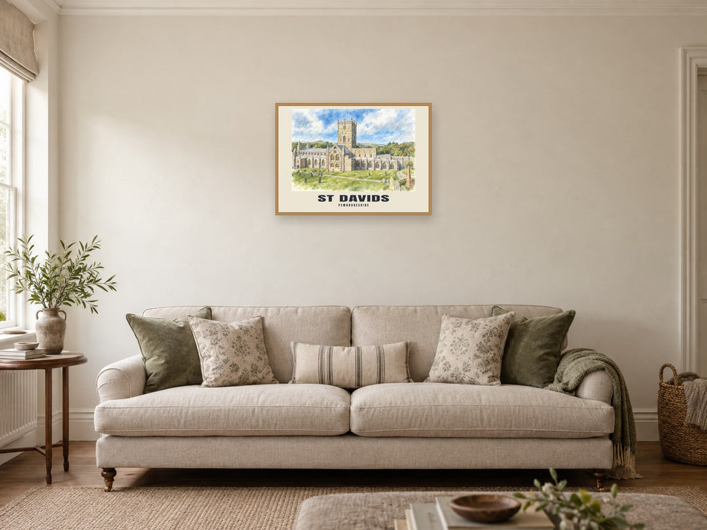 St Davids — English Watercolour Art Print at A2, in a natural wood frame, in a sitting room