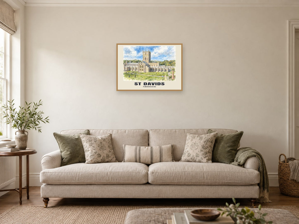 St Davids — English Watercolour Art Print at A2, in a natural wood frame, in a sitting room