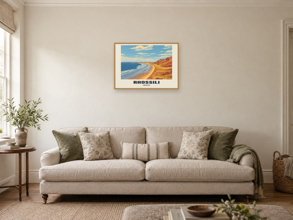 Rhossili — Retro Railway Art Print at A2, in a natural wood frame, in a sitting room