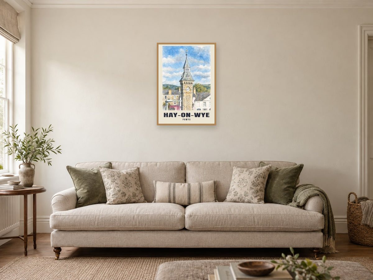 Hay-on-Wye — English Watercolour Art Print at A2, in a natural wood frame, in a sitting room