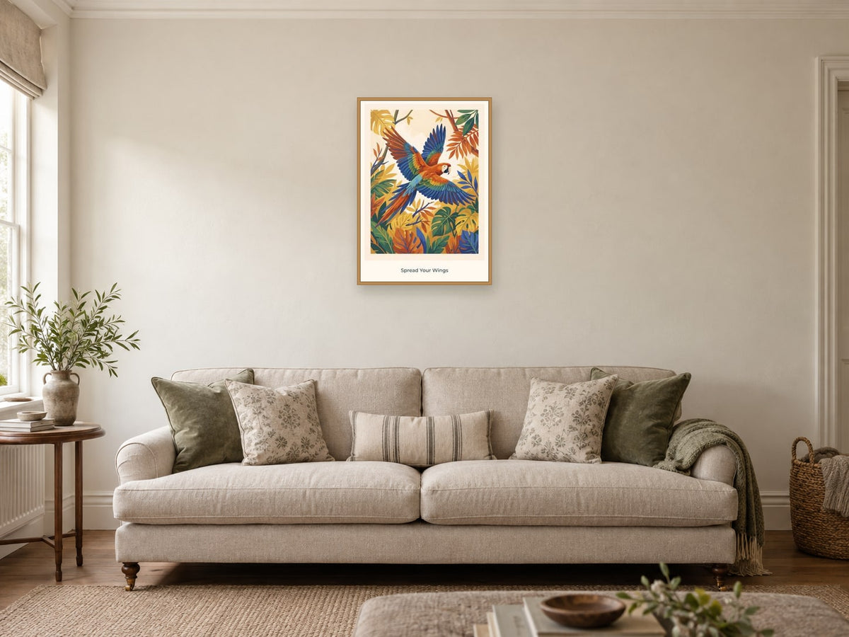 Spread Your Wings — Wild Earth Children’s Art Print at A2, in a natural wood frame, in a sitting room