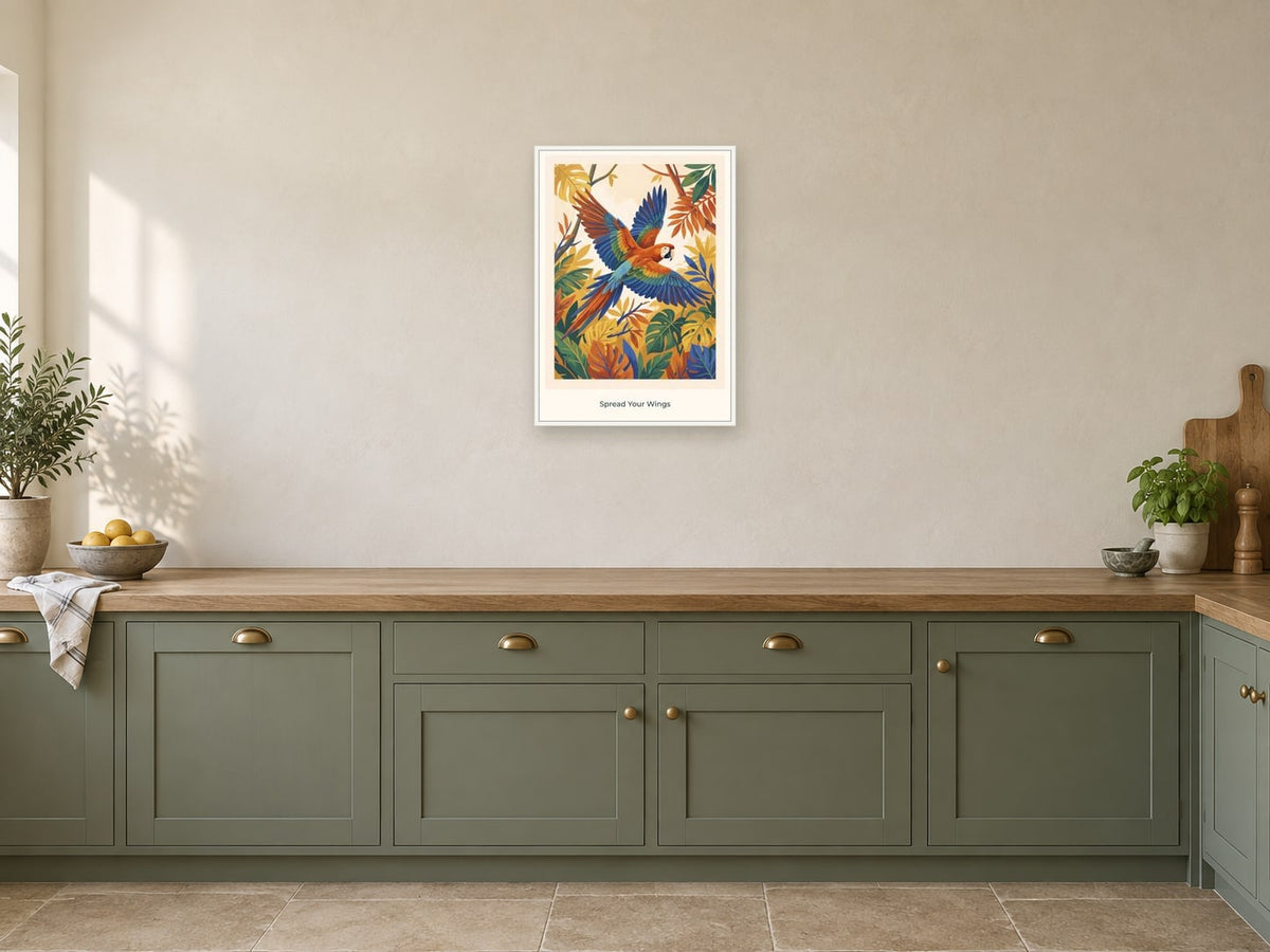 Spread Your Wings — Wild Earth Children’s Art Print at A2, in a white frame, in a kitchen