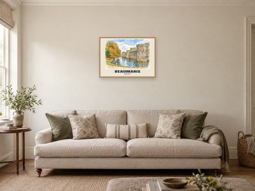 Beaumaris — English Watercolour Art Print at A2, in a natural wood frame, in a sitting room