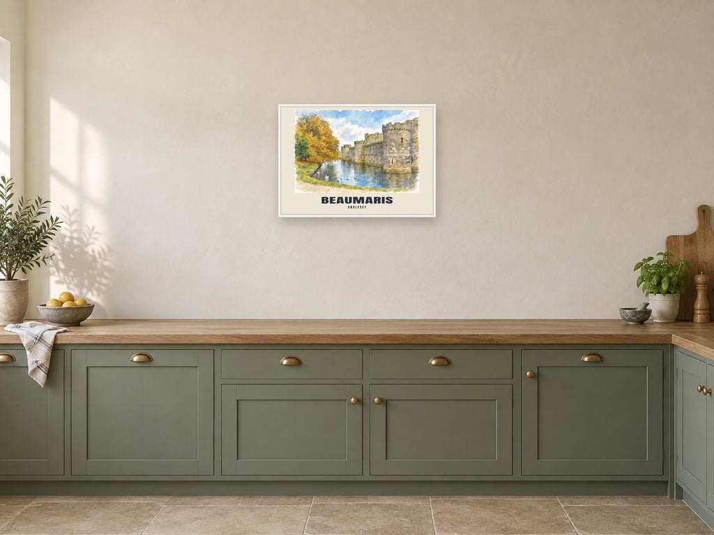 Beaumaris — English Watercolour Art Print at A2, in a white frame, in a kitchen