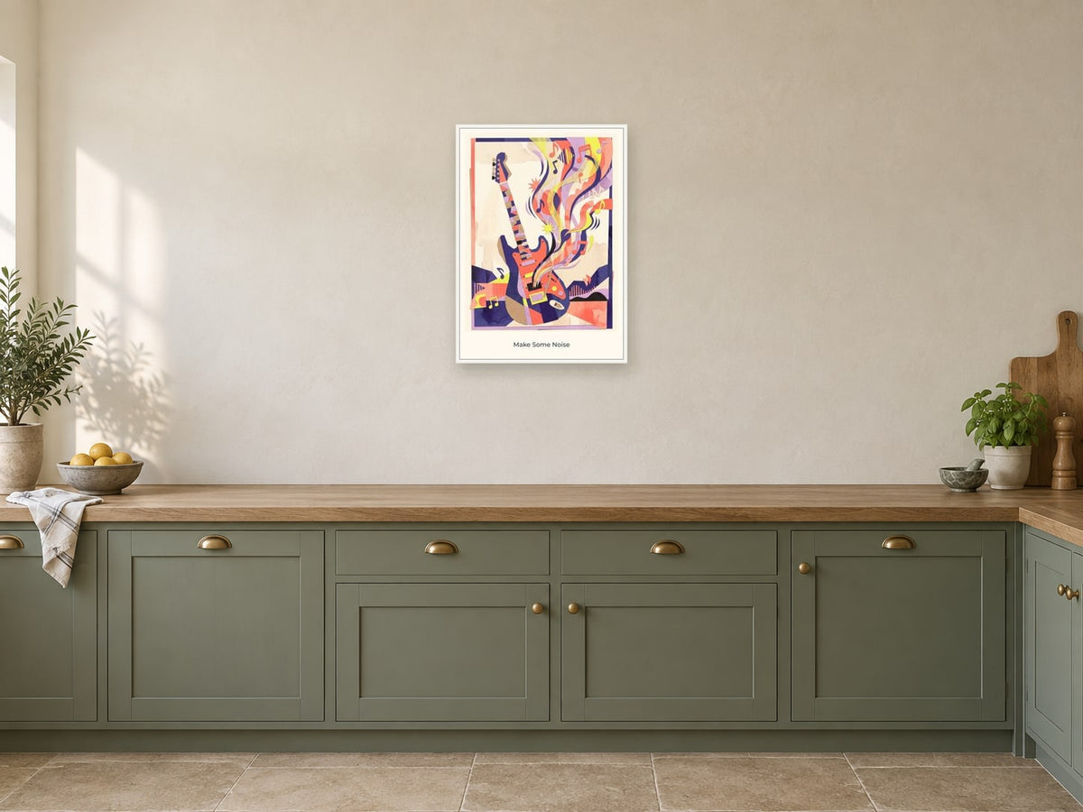 Make Some Noise — Music Makers Children’s Art Print at A2, in a white frame, in a kitchen