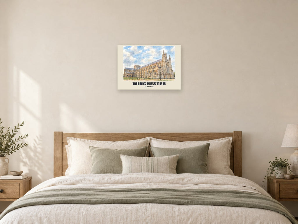 Winchester — English Watercolour Art Print at A2, as a poster, above a bed