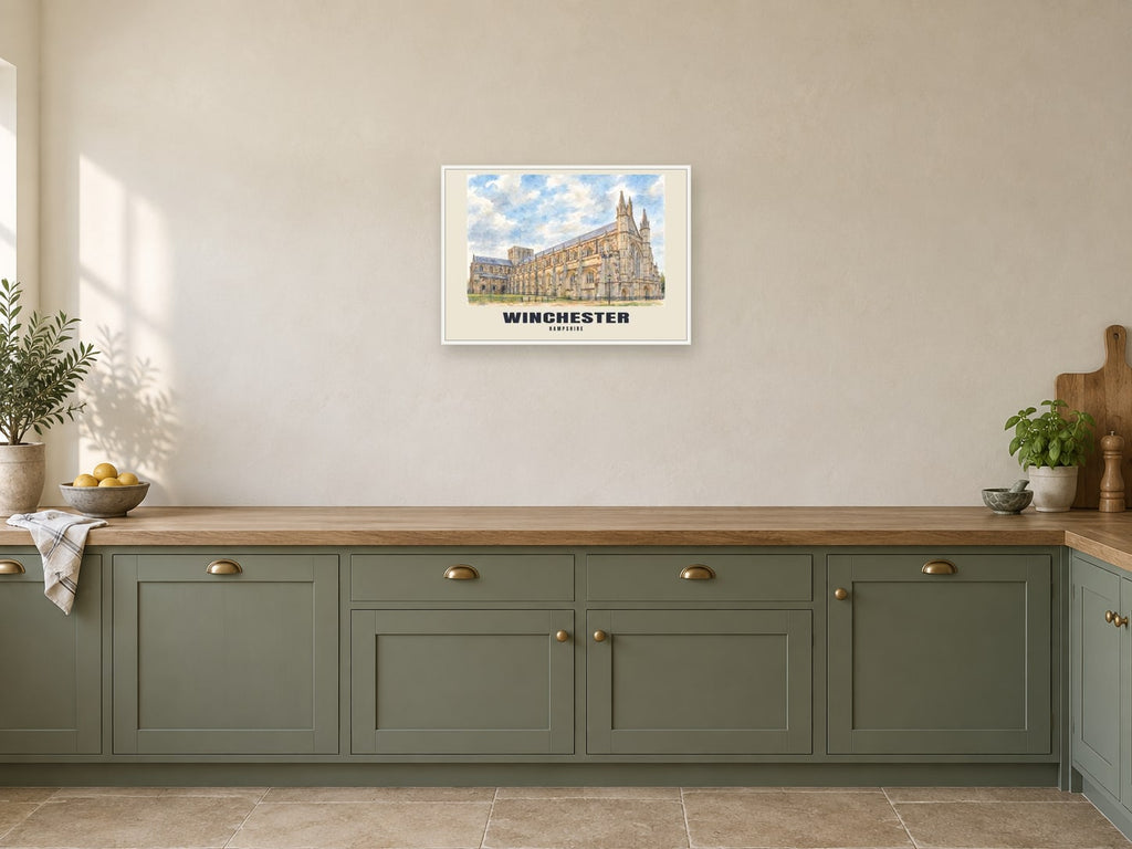 Winchester — English Watercolour Art Print at A2, in a white frame, in a kitchen