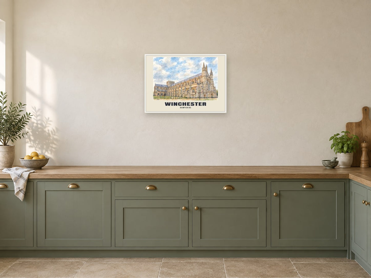 Winchester — English Watercolour Art Print at A2, in a white frame, in a kitchen