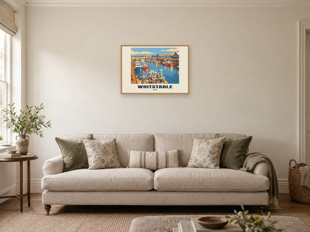 Whitstable — Retro Railway Art Print at A2, in a natural wood frame, in a sitting room