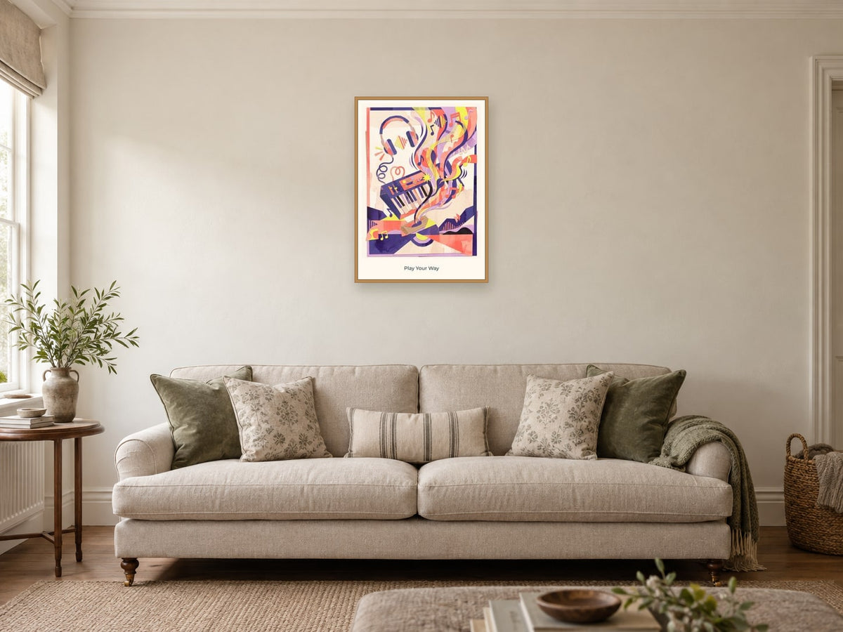 Play Your Way — Music Makers Children’s Art Print at A2, in a natural wood frame, in a sitting room
