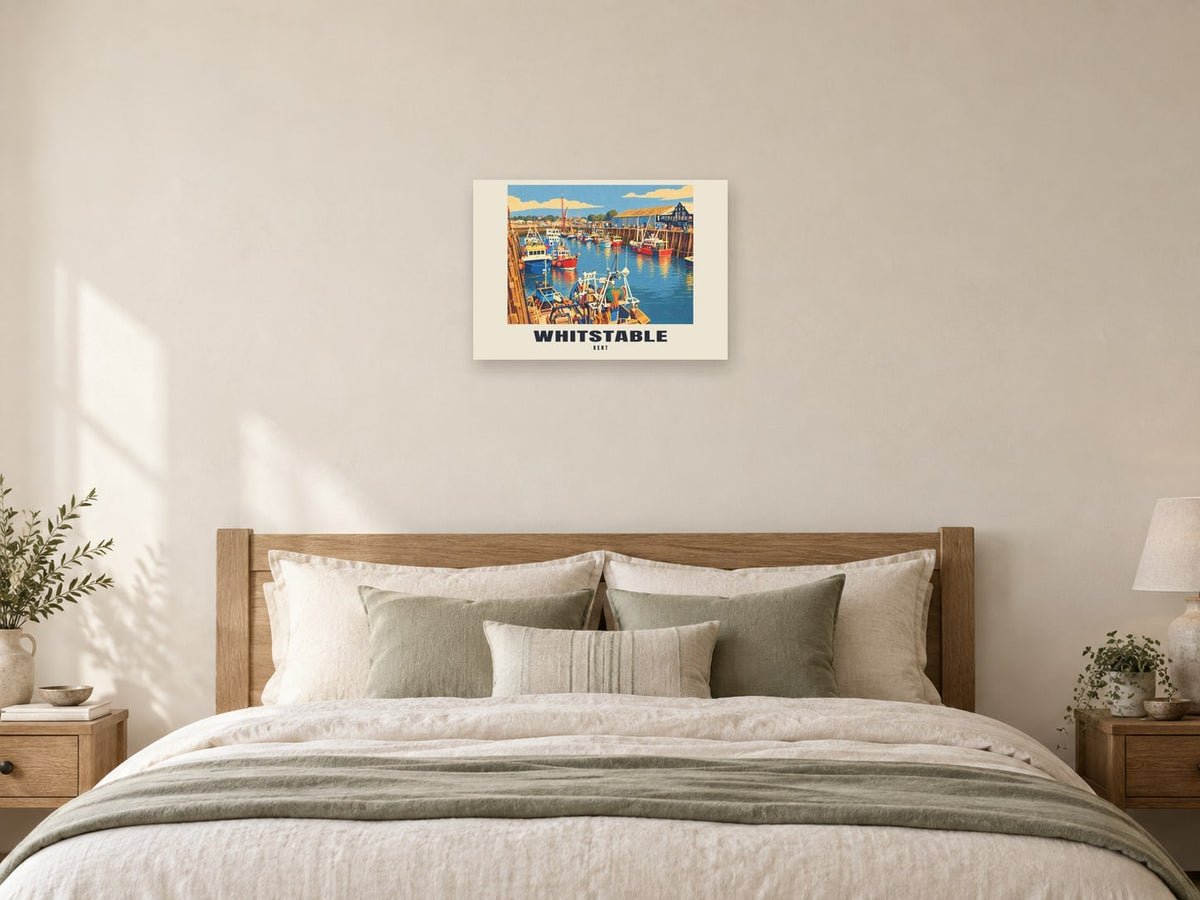 Whitstable — Retro Railway Art Print at A2, as a poster, above a bed
