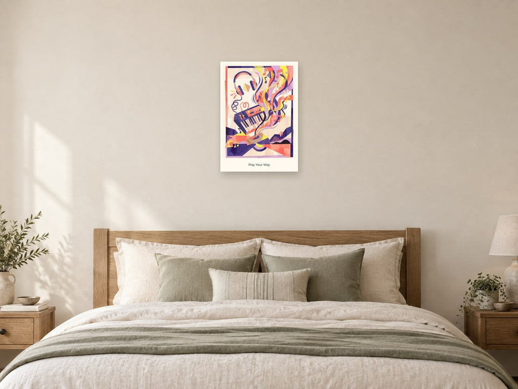 Play Your Way — Music Makers Children’s Art Print at A2, as a poster, above a bed