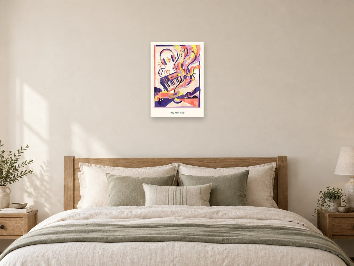 Play Your Way — Music Makers Children’s Art Print at A2, as a poster, above a bed