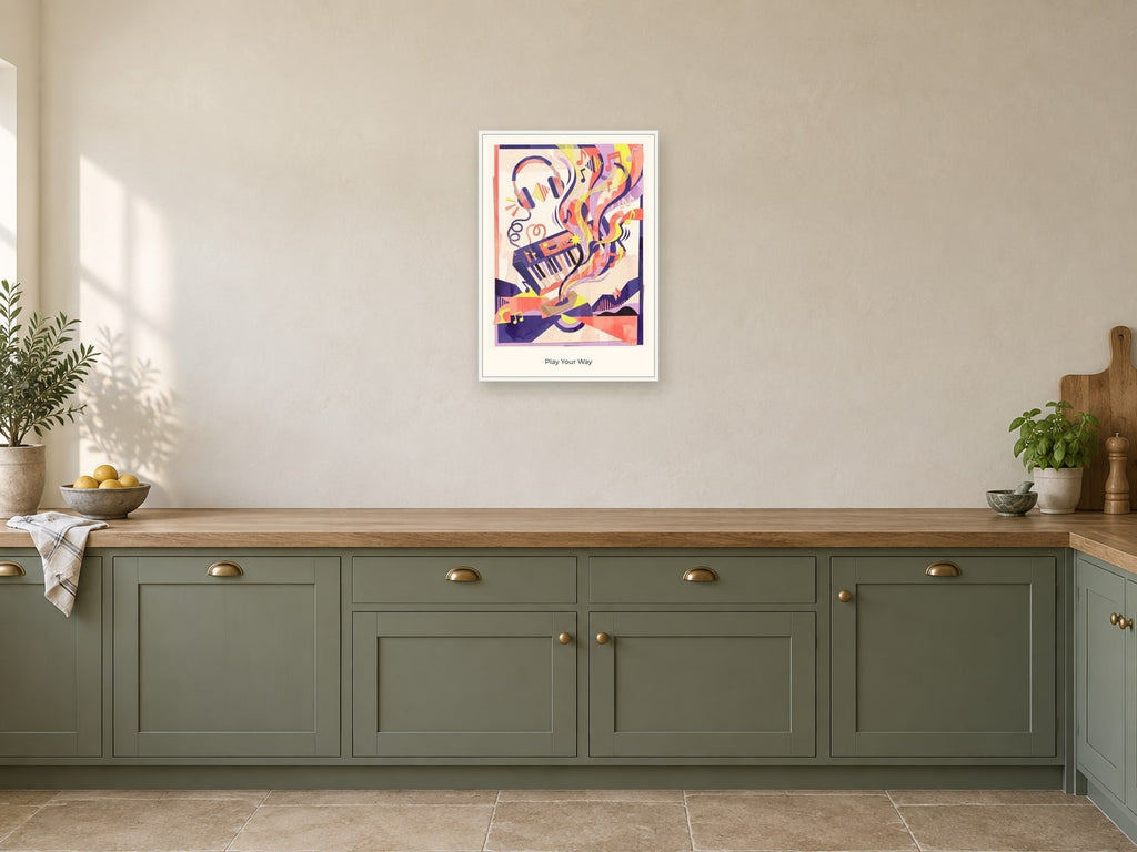 Play Your Way — Music Makers Children’s Art Print at A2, in a white frame, in a kitchen